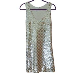 Wyatt Gold & White Checked Sequin Sleeveless Mini Dress Size M